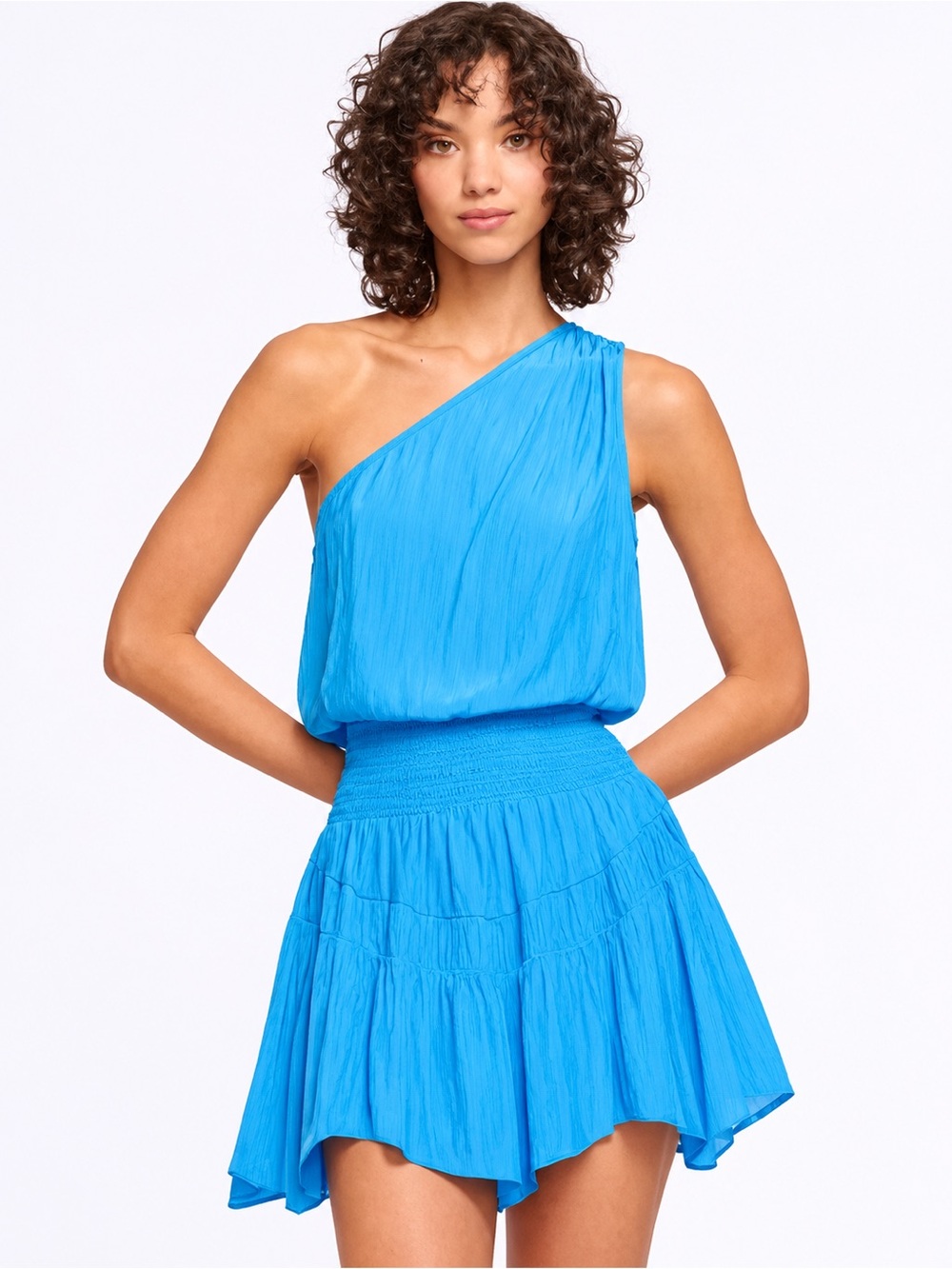 Ramy Brook Lilah One Shoulder Mini Dress XL Blue Smocked Ruffle Cocktail Party